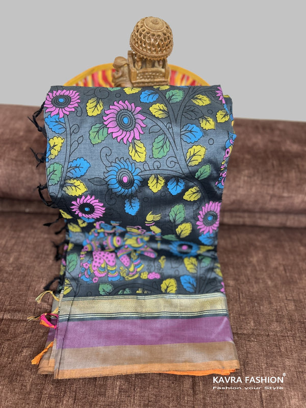 Grey Kanchi Cotton Kalamkari Hand Paint Handloom Saree with Contrast Pallu and Border